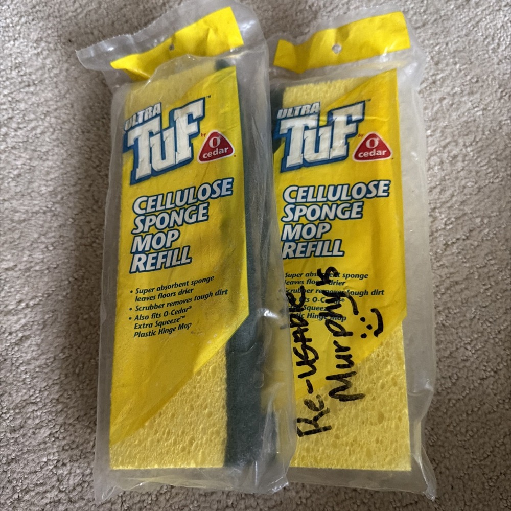 2 Ct. Ultra Tuf O-Cedar Yellow Cellulose Sponge Mop Refills | NOS - Vintage